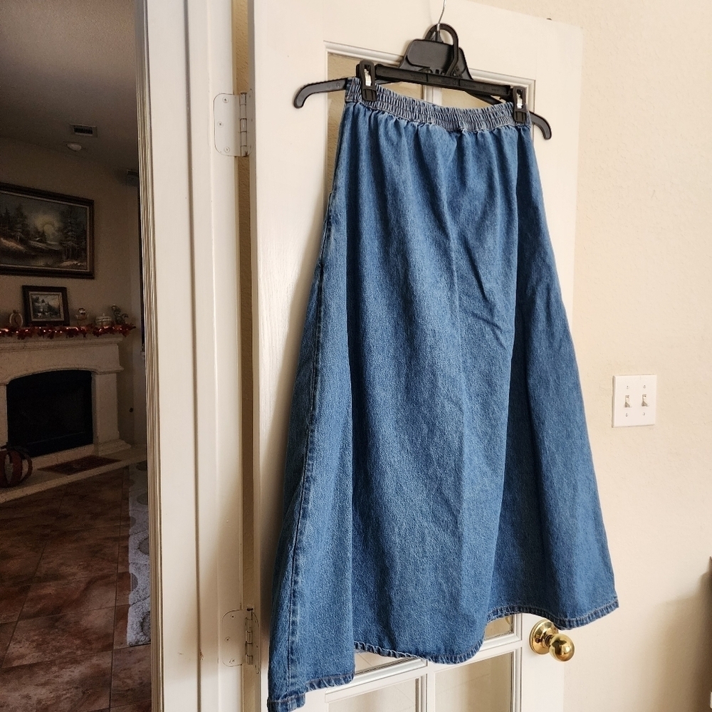 Studio West Vintage 100% Cotton Button-Front Midi Denim Skirt Elastic Back Small - Picture 4 of 11
